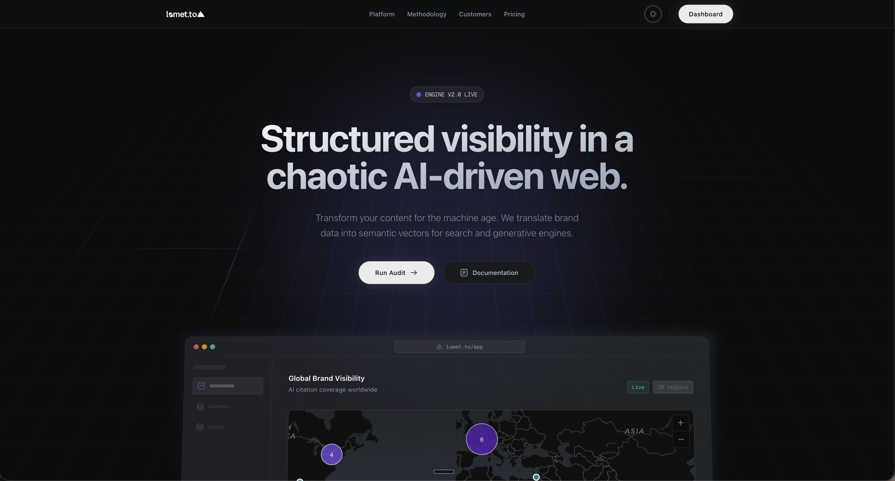 Lumet.to product — Structured LLM brand visibility dashboard